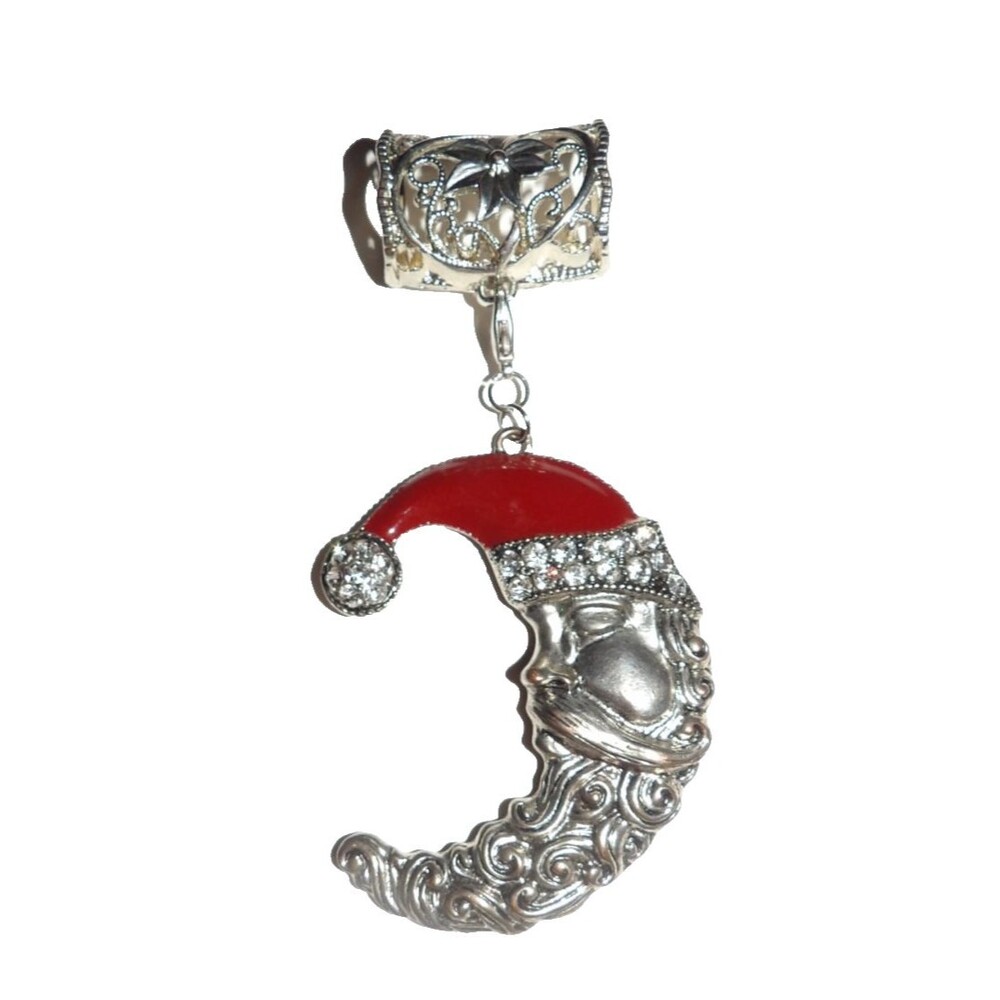 Scarf Slide Cresent Moon Santa Face Red Enamel Hat Clear Rhinestones Silvertone